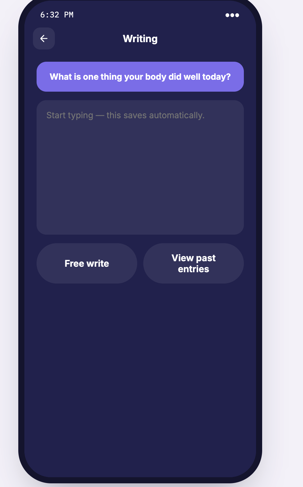 The journaling screen with a writing prompt, a free-write area, and a link to past entries.